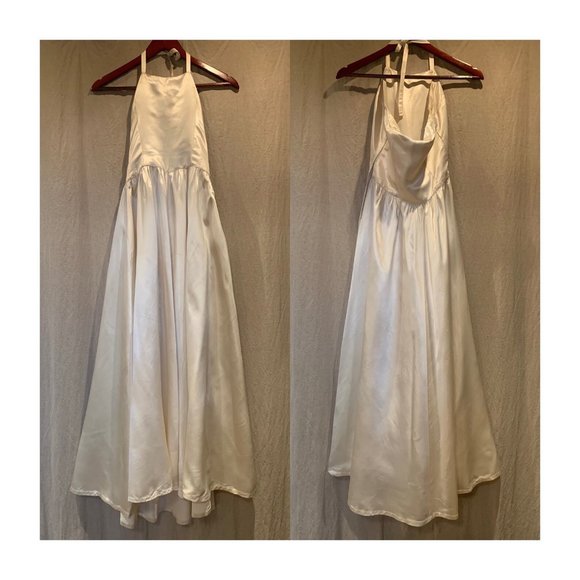 Silk 1940s Vintage Satin Ivory XS Small Halterneck Low-Back Fit Flare Maxi Dress - Picture 2 of 10